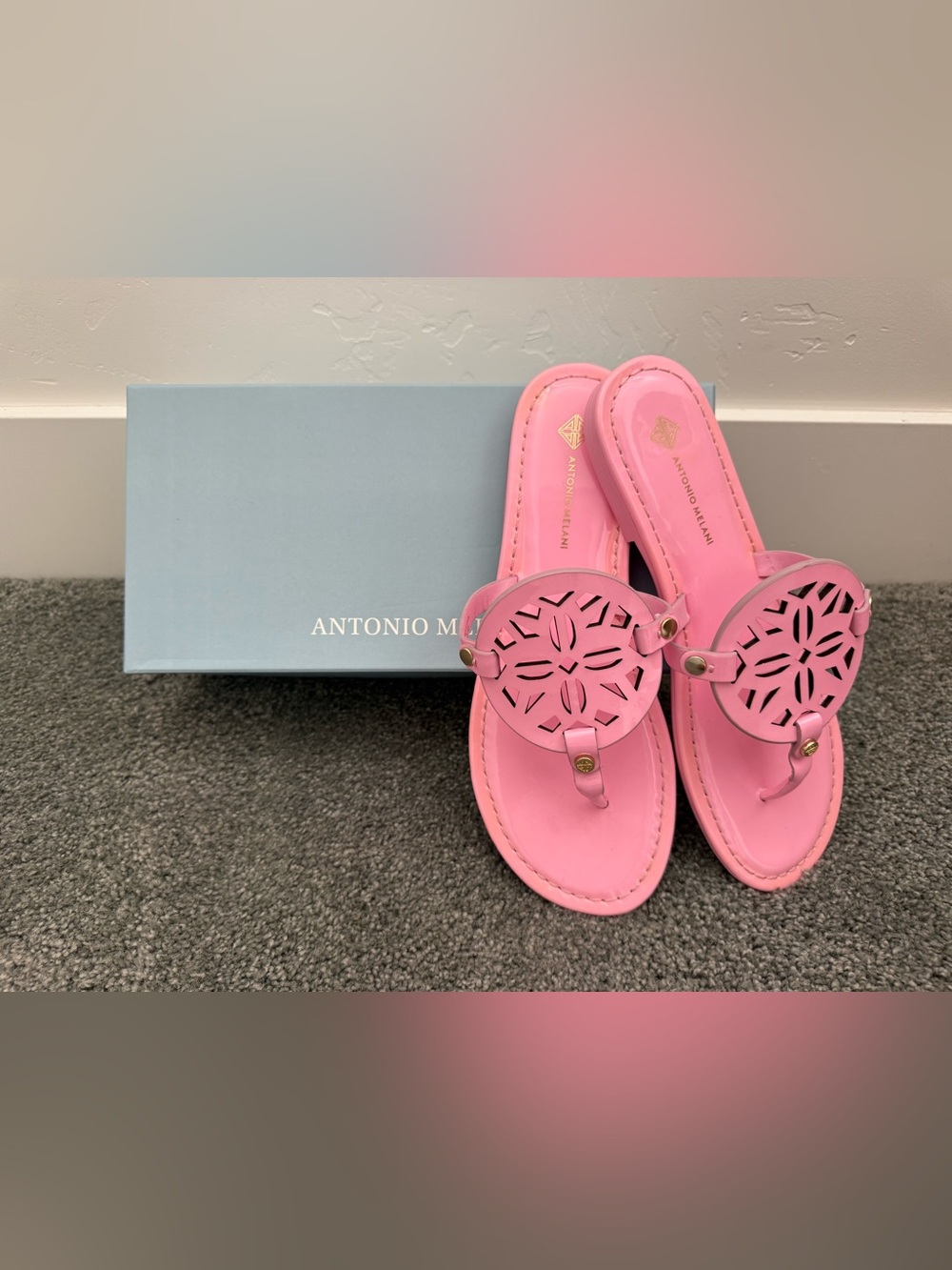 ANTONIO MELANI Pink Laser-Cut Leather Thong Sandals with Gold Accents - Picture 1 of 8